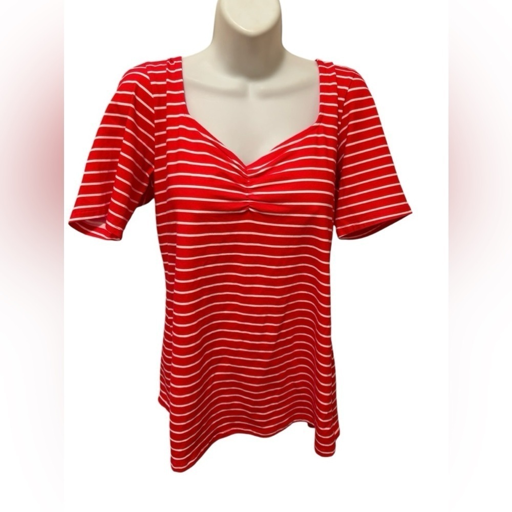 Torrid Foxy Ruched Sweetheart Neckline Top 1X-14-16 Red White Stripe Stretch Tee